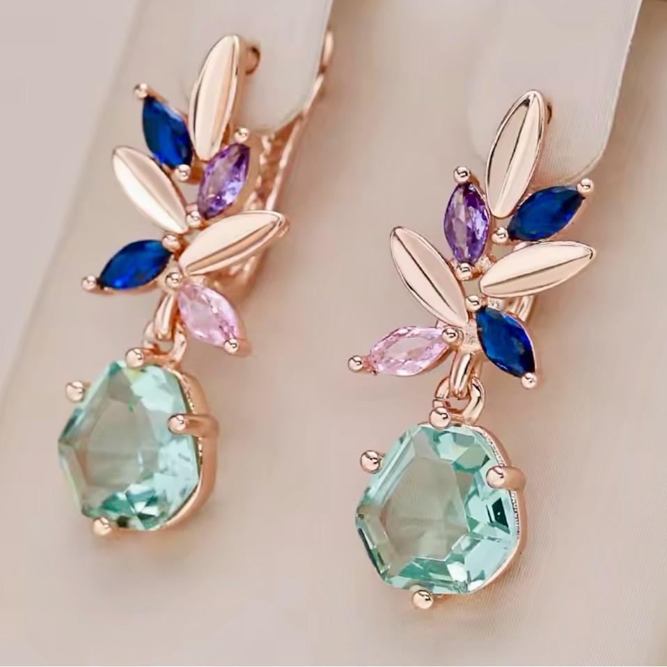 Elegant 585rg Rose Gold And Multicolor Natural Gemstone Zircons Drop Earrings